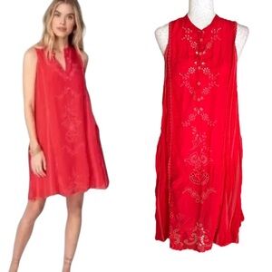 Johnny Was Rhodes Scarlett Red Embroidered Eyelet Lace Sleeveless Mini Dress   M